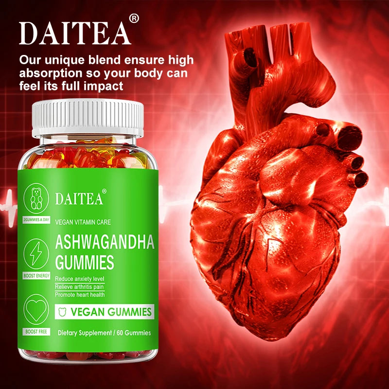 DAITEA Ashwagandha Gummies - Reduces Stress and Anxiety, Supports Heart, Joints, Immunity and Energy, Vegetarian