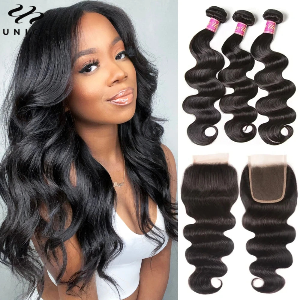 UNice Hair Reddish Brown Body Wave Bundles With 4x4 Closure 100% Human Hair 2/3/4 PCS Bundles And Closure Can Make 250% Lace Wig