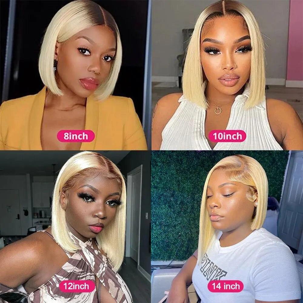 4/613 Blonde Short Bob Wig Transparent Lace Front Human Hair Wigs 13X4 Honey Blonde Dark Root Colored Short Bob Lace Frontal Wig