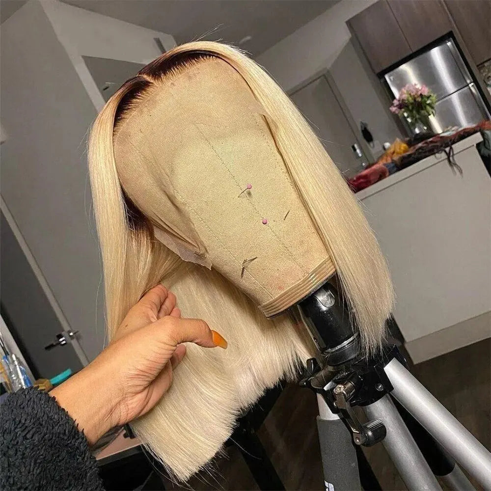 4/613 Blonde Short Bob Wig Transparent Lace Front Human Hair Wigs 13X4 Honey Blonde Dark Root Colored Short Bob Lace Frontal Wig