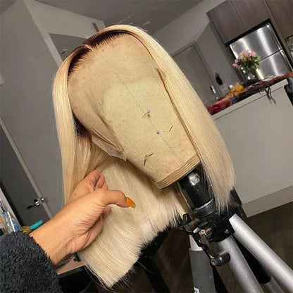 4/613 Blonde Short Bob Wig Transparent Lace Front Human Hair Wigs 13X4 Honey Blonde Dark Root Colored Short Bob Lace Frontal Wig