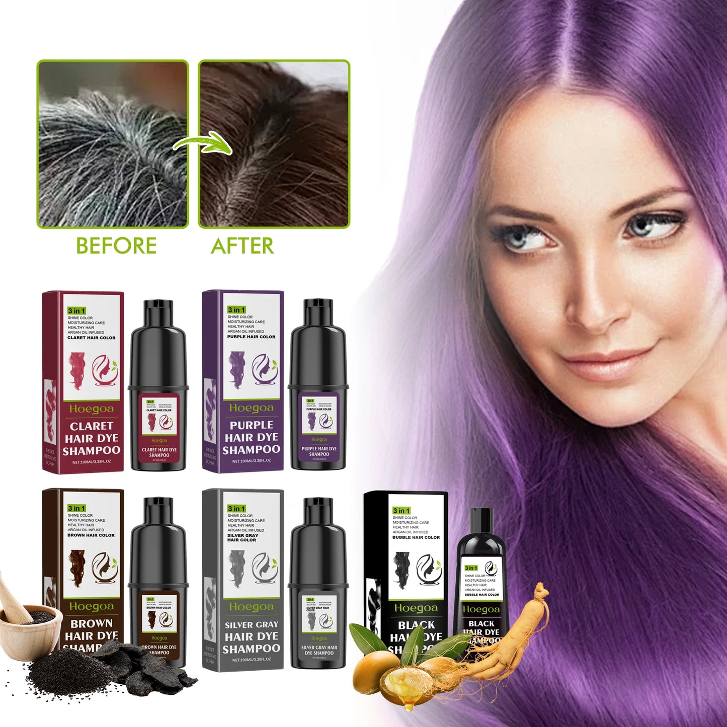 Hoegoa Multi Color Hair Dye Shampoo Moisturizing Non-damaged Fast Coloring Sliver Gray Purple Fashion Hair Styling Cream