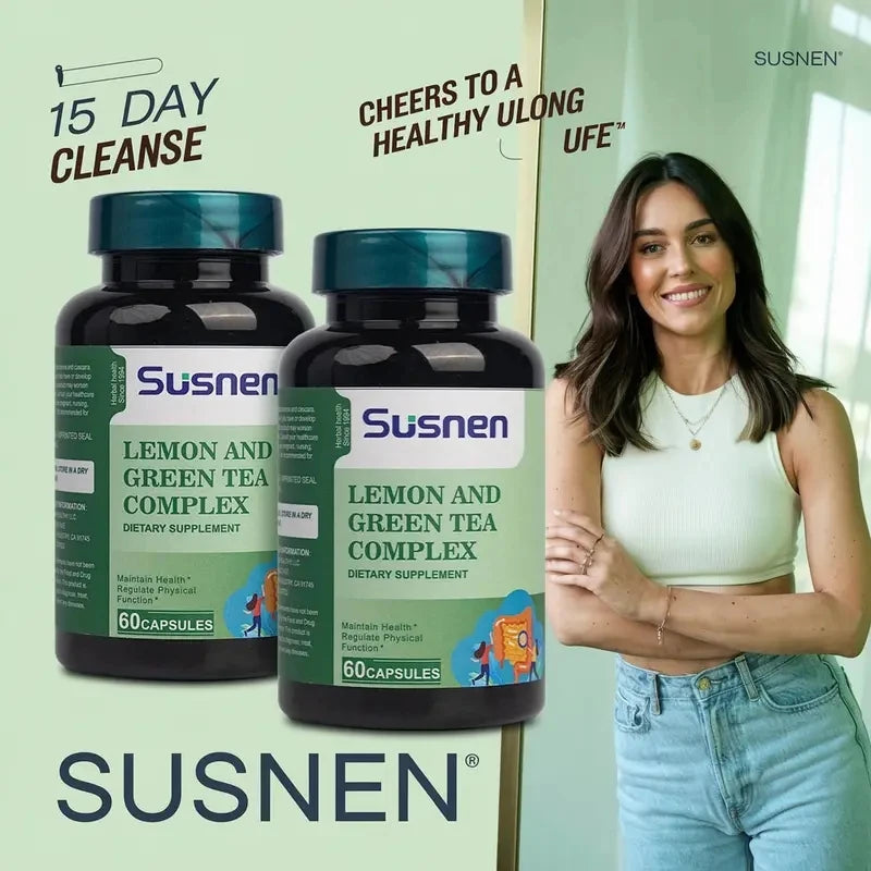 Susnen Lemon Green Tea Complex Capsule Dietary supplement contains flaxseed essence, which helps regulate body functions and hel