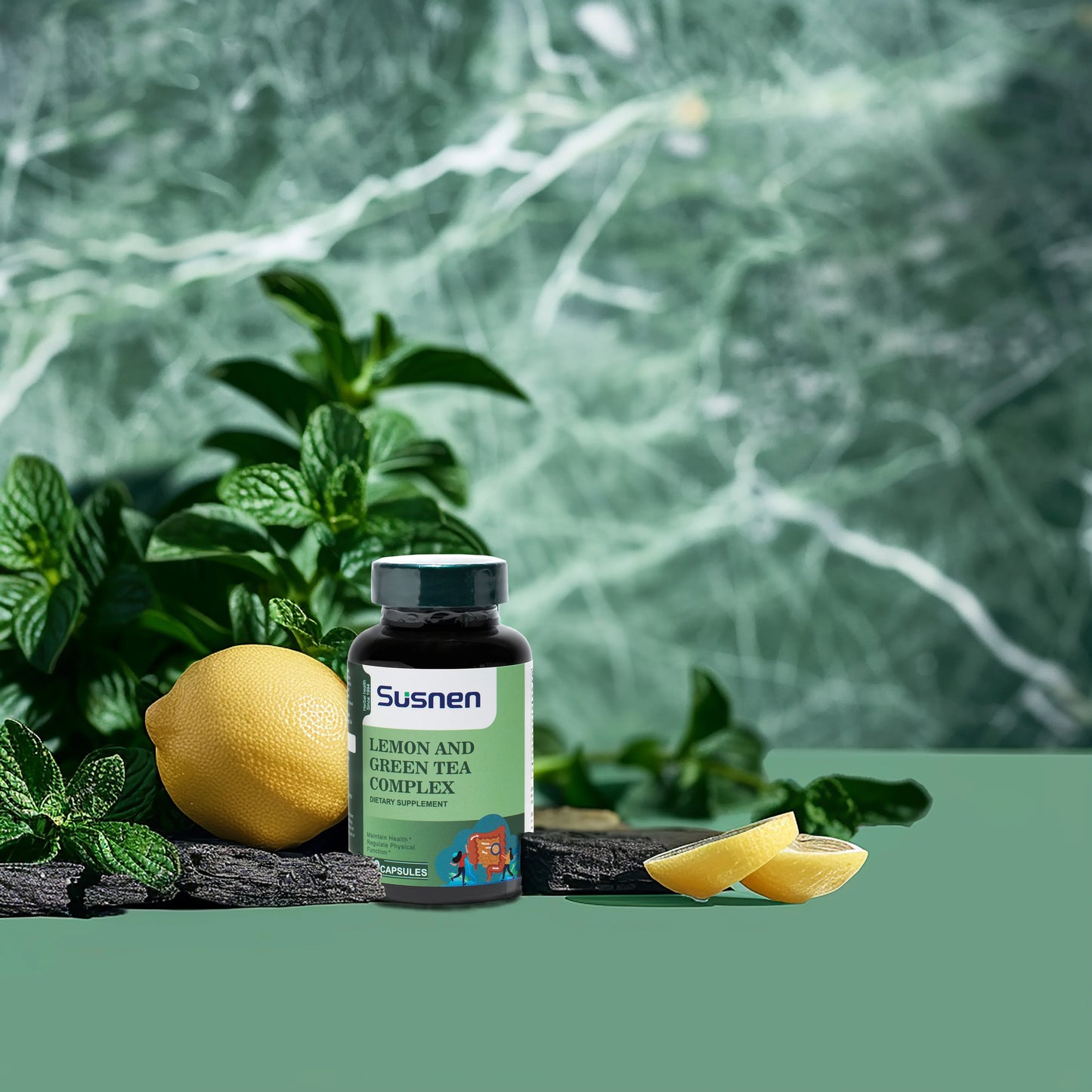 Susnen Lemon Green Tea Complex Capsule Dietary supplement contains flaxseed essence, which helps regulate body functions and hel