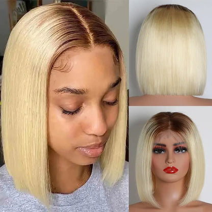 4/613 Blonde Short Bob Wig Transparent Lace Front Human Hair Wigs 13X4 Honey Blonde Dark Root Colored Short Bob Lace Frontal Wig