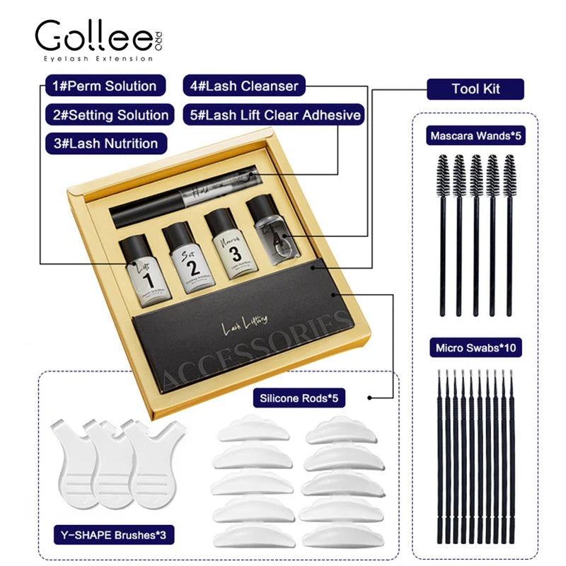 Gollee Lash and Brow Curling Kit Natural Eyelash Lifting Perm Treatment Makeup Set 4-6 Weeks For Lash Curler Perm Long Lasting