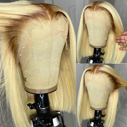 4/613 Blonde Short Bob Wig Transparent Lace Front Human Hair Wigs 13X4 Honey Blonde Dark Root Colored Short Bob Lace Frontal Wig