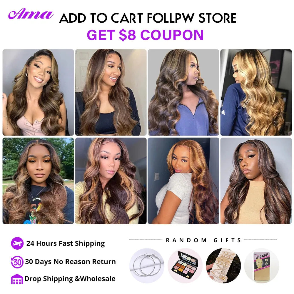FB 30 Brown Highlight Bundles With Closure Ombred Body Wave Bundles With Closure 1b 4/30 Colored Human Hair Bundles With Closure
