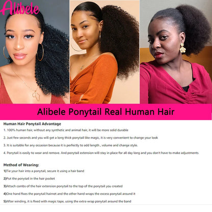 Alibele Mogolian Afro Kinky Curly Drawstring Ponytail Human Hair Extensions 4B 4C Remy 10-28inch Long Clip In Ponytail Extension