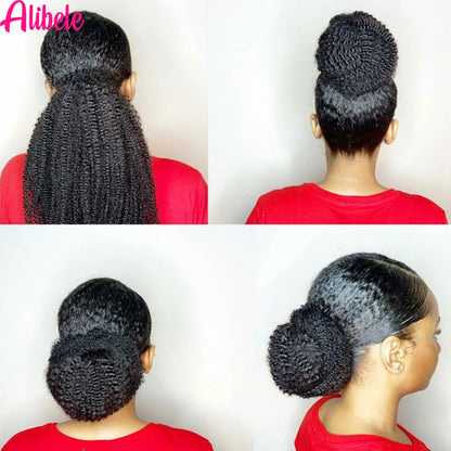 Alibele Mogolian Afro Kinky Curly Drawstring Ponytail Human Hair Extensions 4B 4C Remy 10-28inch Long Clip In Ponytail Extension
