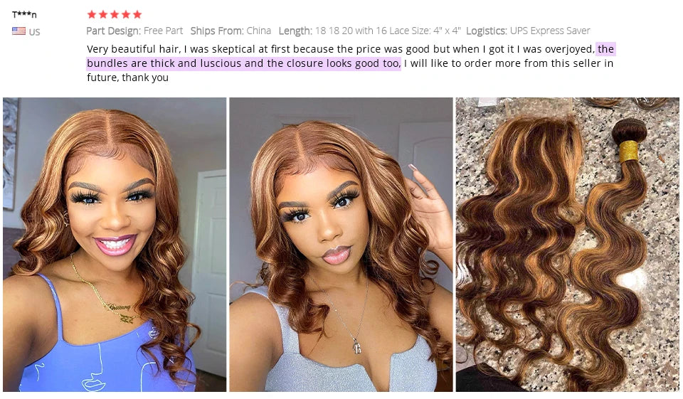FB 30 Brown Highlight Bundles With Closure Ombred Body Wave Bundles With Closure 1b 4/30 Colored Human Hair Bundles With Closure