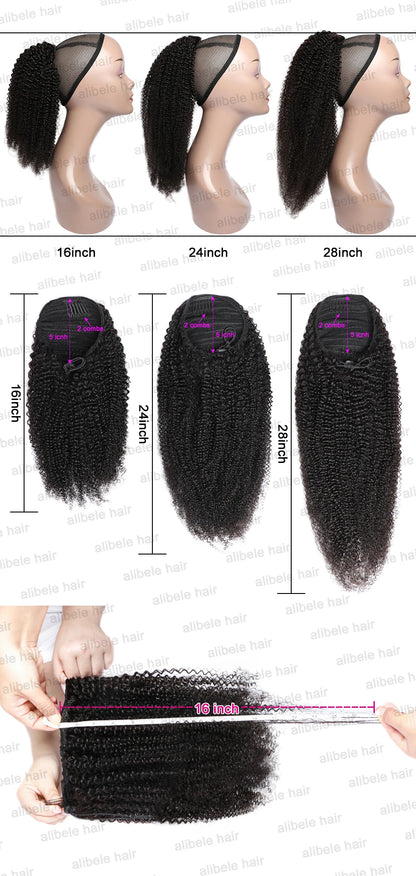 Alibele Mogolian Afro Kinky Curly Drawstring Ponytail Human Hair Extensions 4B 4C Remy 10-28inch Long Clip In Ponytail Extension