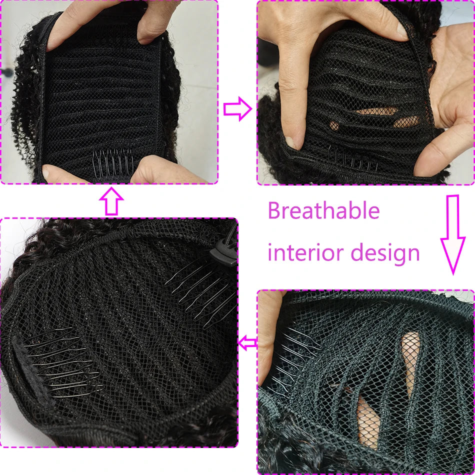 Alibele Mogolian Afro Kinky Curly Drawstring Ponytail Human Hair Extensions 4B 4C Remy 10-28inch Long Clip In Ponytail Extension