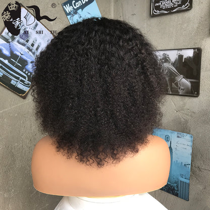 8A Kinky Curly T Part Human Hair Lace Wigs Bob Real Human Hair Curly Hair Wig