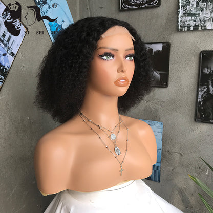 8A Kinky Curly T Part Human Hair Lace Wigs Bob Real Human Hair Curly Hair Wig