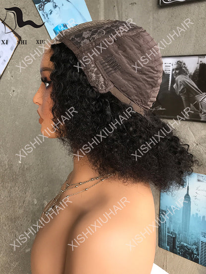 8A Kinky Curly T Part Human Hair Lace Wigs Bob Real Human Hair Curly Hair Wig