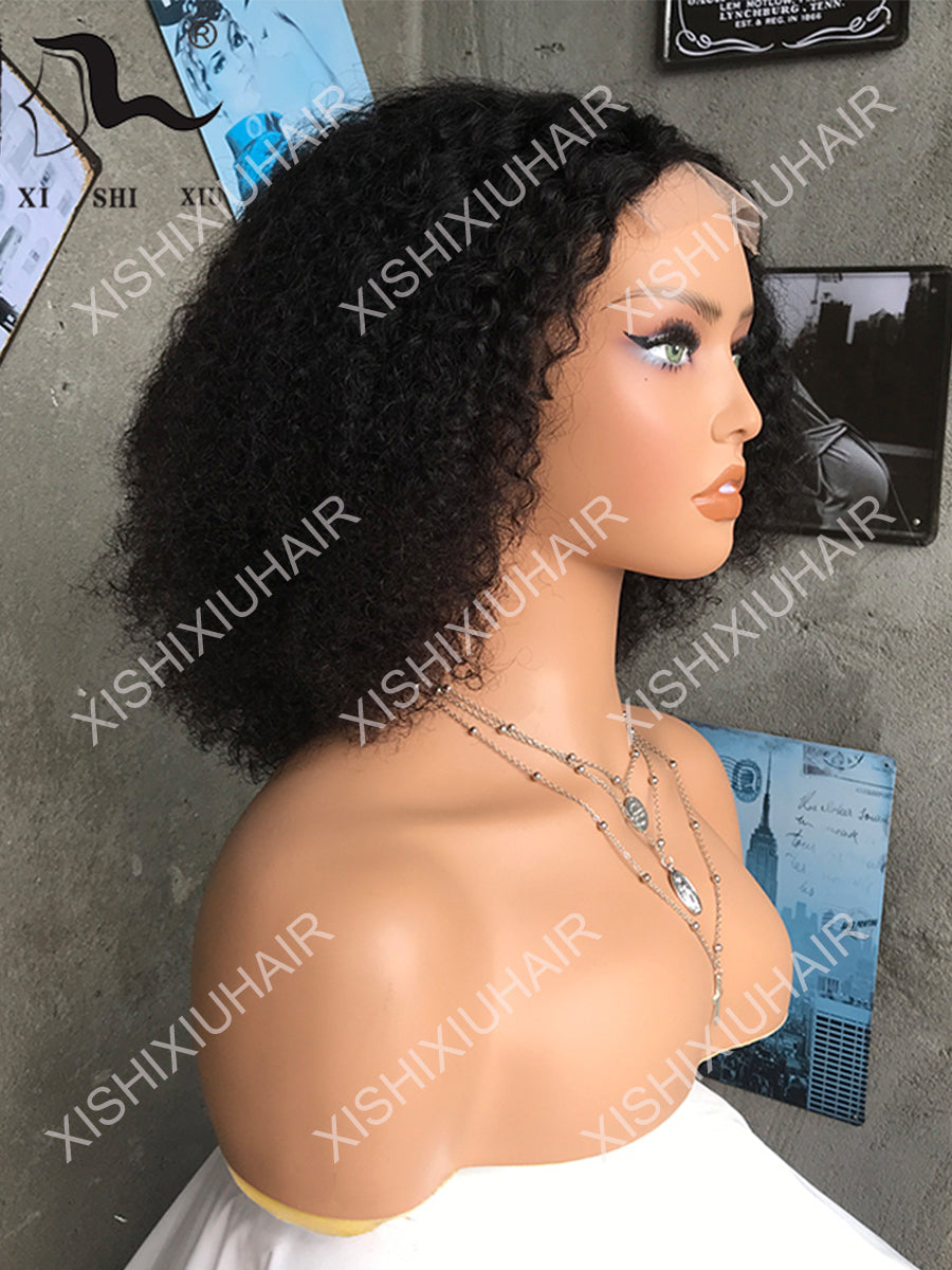 8A Kinky Curly T Part Human Hair Lace Wigs Bob Real Human Hair Curly Hair Wig