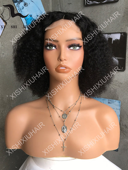 8A Kinky Curly T Part Human Hair Lace Wigs Bob Real Human Hair Curly Hair Wig