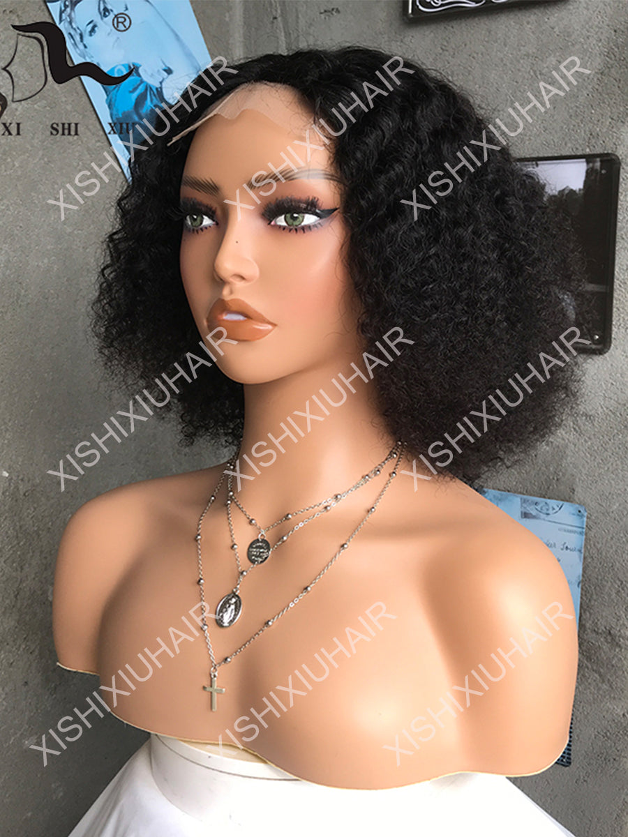8A Kinky Curly T Part Human Hair Lace Wigs Bob Real Human Hair Curly Hair Wig