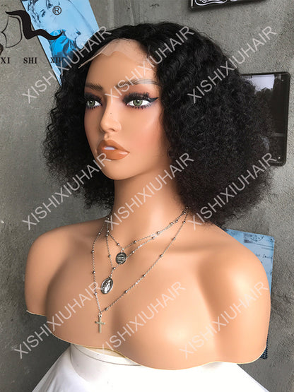 8A Kinky Curly T Part Human Hair Lace Wigs Bob Real Human Hair Curly Hair Wig