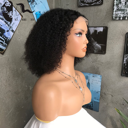 8A Kinky Curly T Part Human Hair Lace Wigs Bob Real Human Hair Curly Hair Wig