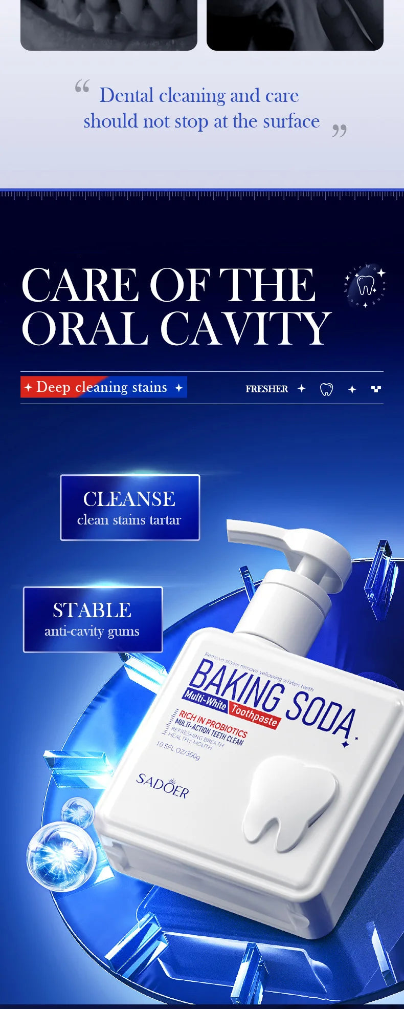 Baking Soda Probiotic Whitening Toothpaste To Remove Yellow Teeth Stains and White Teeth Removal Clean Teeth Fresh Mouth 300g