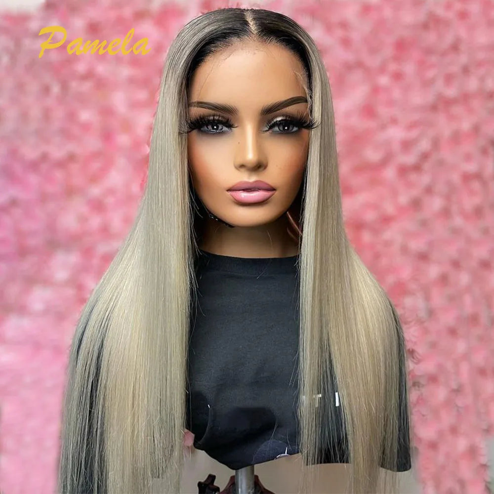 Grey Blonde 13x4 Full Lace Front Wig 4x4 Ash Blonde Bone Straight HD Transparent Lace Closure Frontal Human Hair Wig For Women