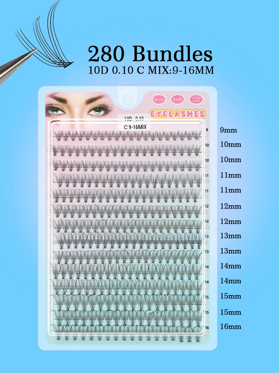 Individual Lashes 20-100D 280pcs Cluster Lashes Natural Look Mixed Tray DIY Eyelash Extension Volume Lash Clusters Eyelashes