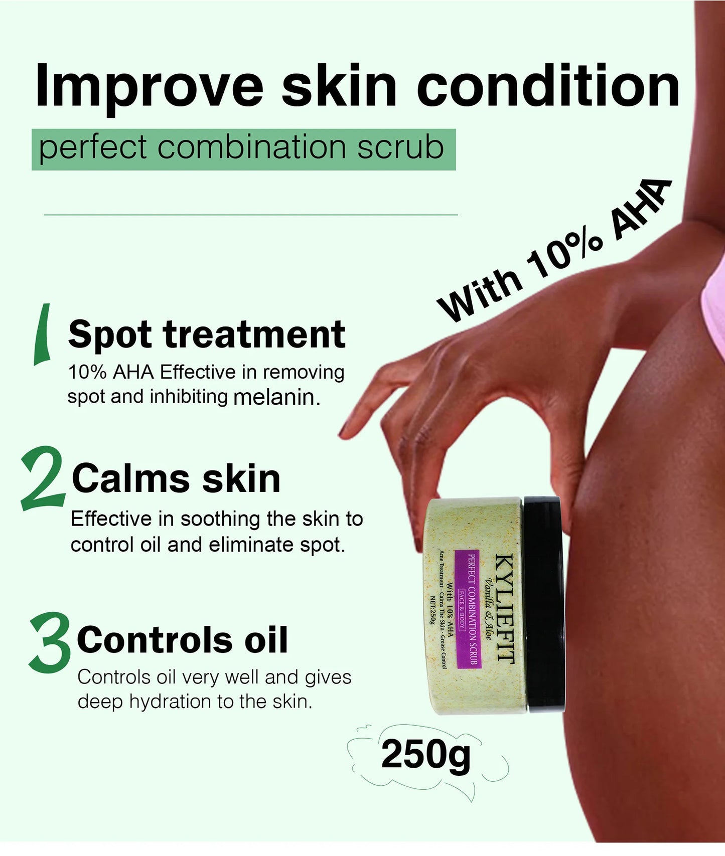 Natural Vanilla & Aloe Perfect Combination Scrub, With 10% AHA, Reduce Acne and Black Spots, For Face & Body Use