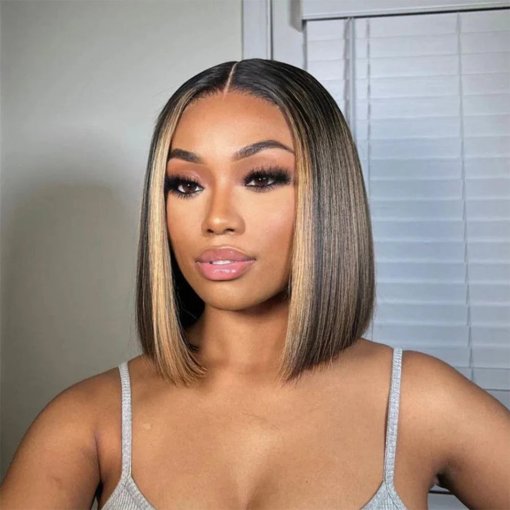 200% 1B/27 Ombre HD 13x4 13x6 Transparent Lace Front Human Hair Wig Pre pluck With Natural Hairline Straight Short Bob Wig