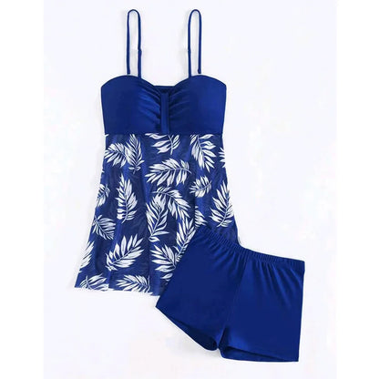 Summer Women's Short Dress With Shorts Swimsuit Leaf Print Sling Split Swimming Suit Holiday Beach Swimming Beachwear