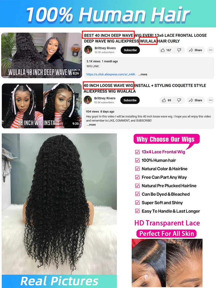 40 42 Inch 13x4 13x6 360 Hd Lace Front Wigs For Women Deep Wave Lace Frontal Wig Water Wave Curly Human Hair PrePlucked Lace Wig