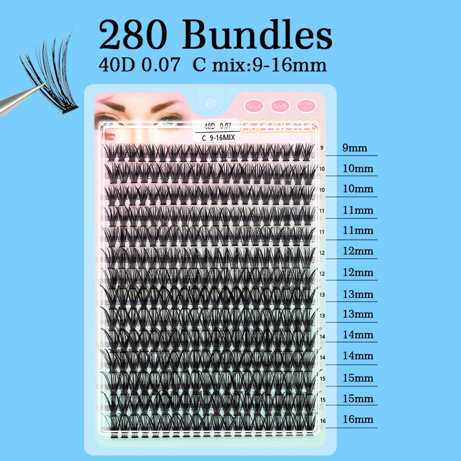 Individual Lashes 20-100D 280pcs Cluster Lashes Natural Look Mixed Tray DIY Eyelash Extension Volume Lash Clusters Eyelashes