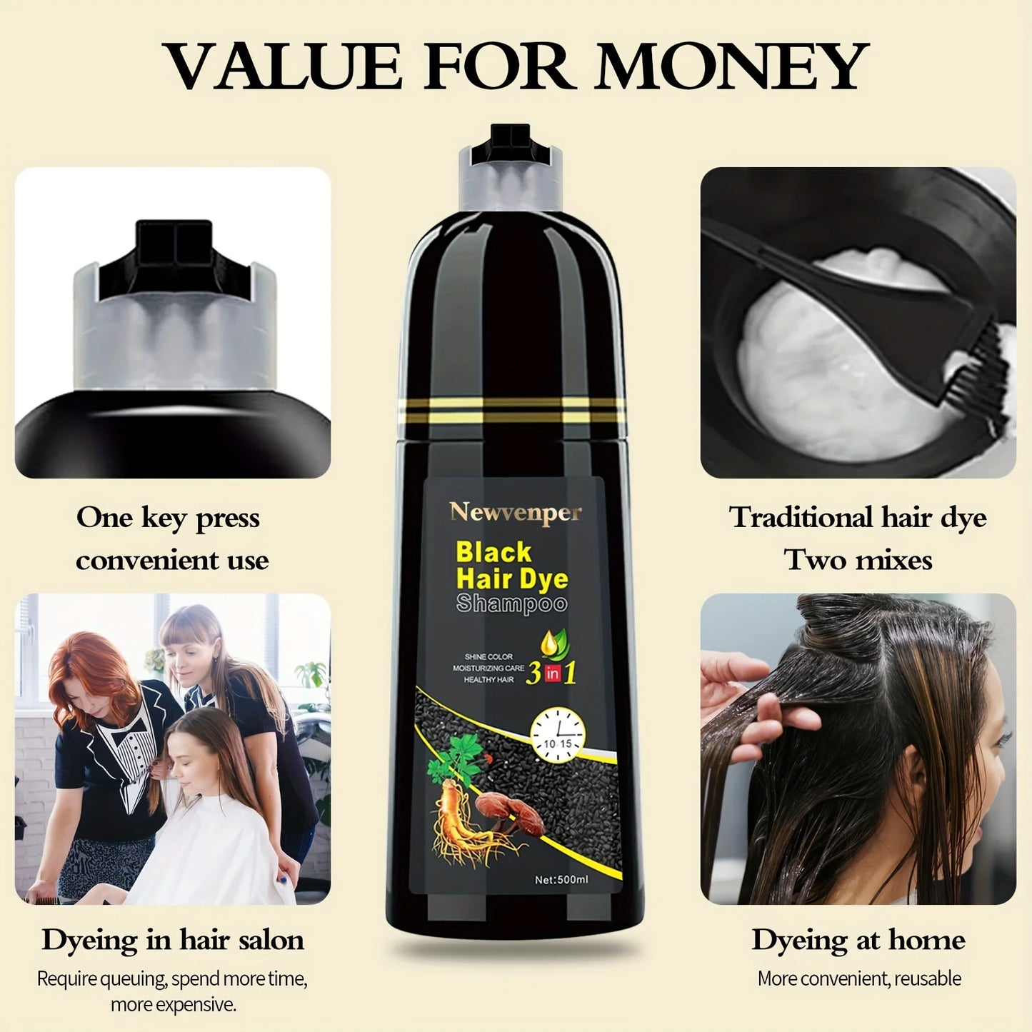 500ML/14.9 Fl.oz Black Hair Dye shampoo Coloring in Minutes Natural & Long Lasting Hair Dye Shampoo  Men & Women Hair turn Black
