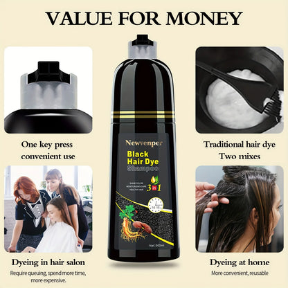 500ML/14.9 Fl.oz Black Hair Dye shampoo Coloring in Minutes Natural & Long Lasting Hair Dye Shampoo  Men & Women Hair turn Black