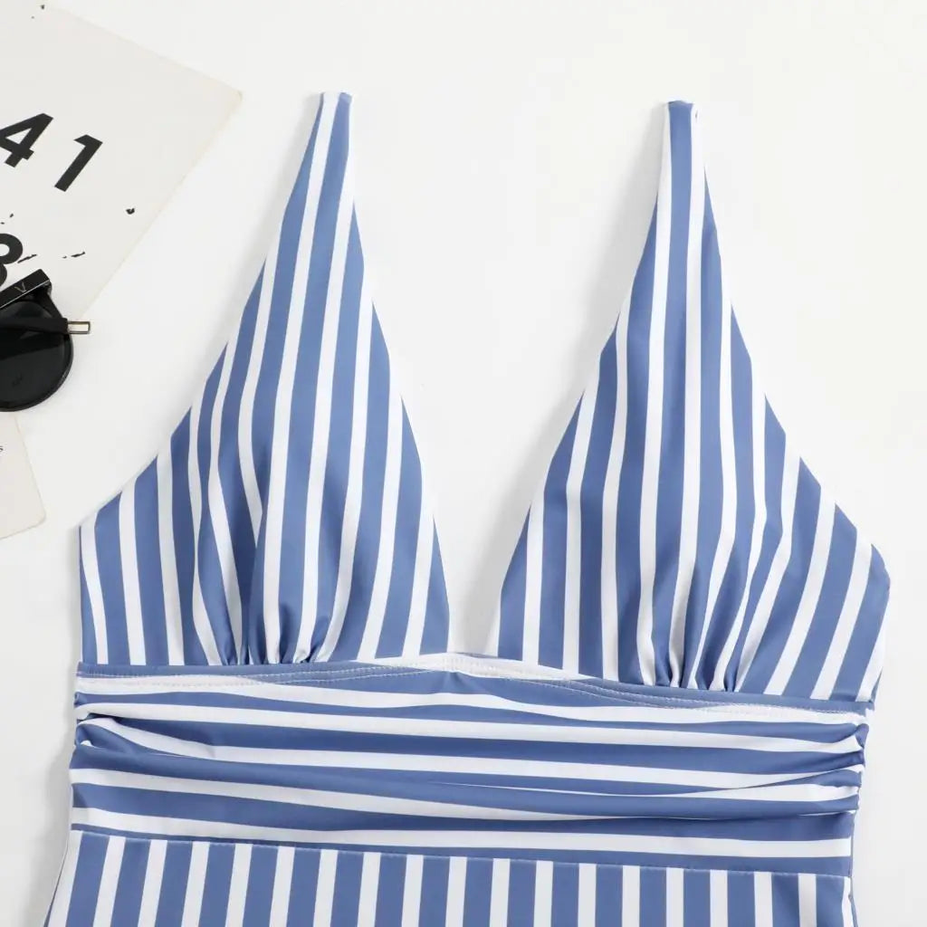 2024 Striped One Piece Swimsuit Sexy Swimwear Women V-neck Bathing Swimming Suit Female Summer Beachwear Bodysuit