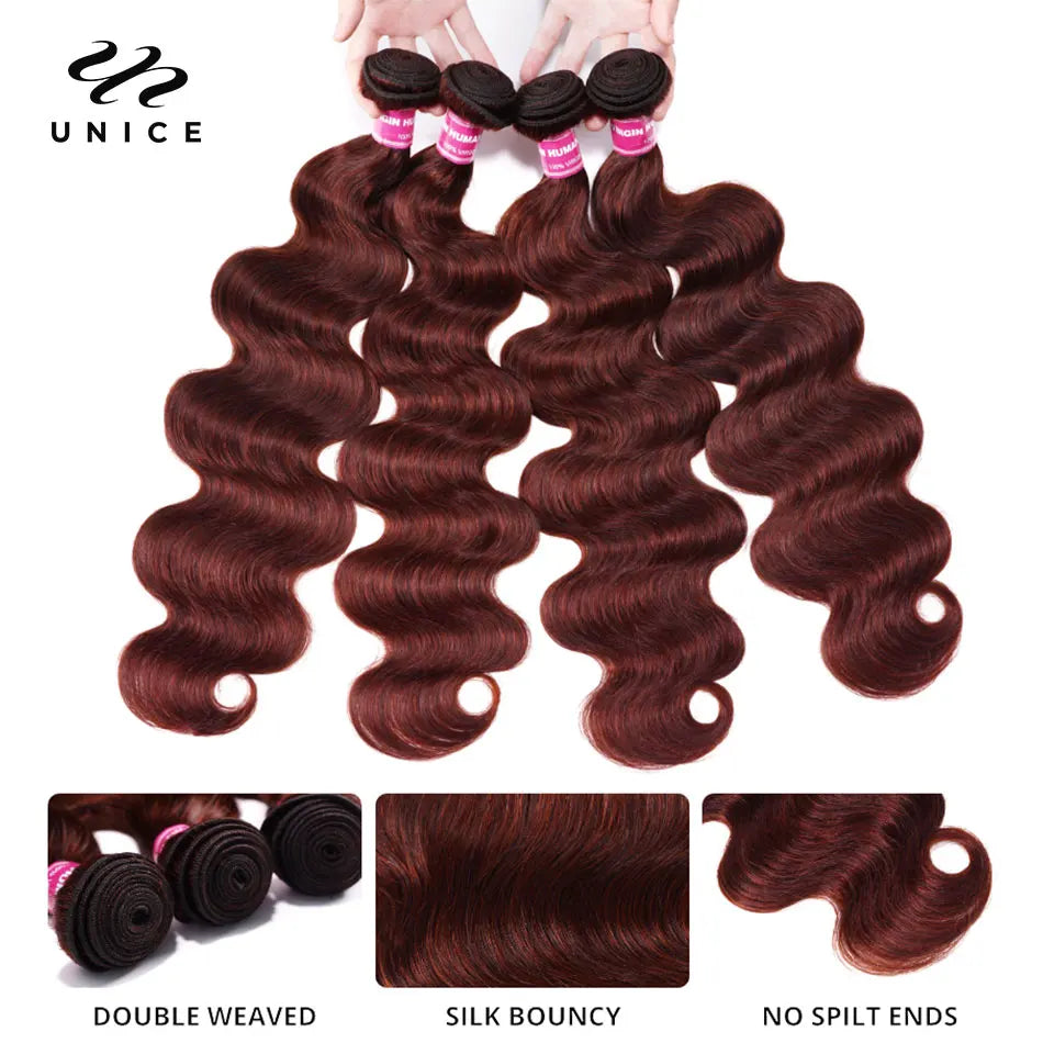 UNice Hair Reddish Brown Body Wave Bundles With 4x4 Closure 100% Human Hair 2/3/4 PCS Bundles And Closure Can Make 250% Lace Wig