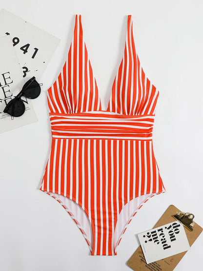 2024 Striped One Piece Swimsuit Sexy Swimwear Women V-neck Bathing Swimming Suit Female Summer Beachwear Bodysuit