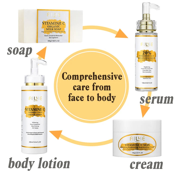 AILKE Vitamin C Skin Care Set, with Lightening Body Lotion, Even Skin Tone Cream, Whitening Serum, Brightening Soap