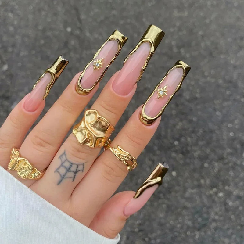 24Pcs Gold Ballet False Nails Long Coffin with Rhinestone French Wearable Fake Nail Transparent Decoration Press on Nail Tips