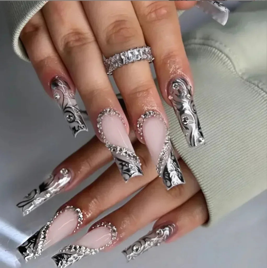 24Pcs Gold Ballet False Nails Long Coffin with Rhinestone French Wearable Fake Nail Transparent Decoration Press on Nail Tips