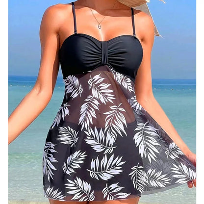 Summer Women's Short Dress With Shorts Swimsuit Leaf Print Sling Split Swimming Suit Holiday Beach Swimming Beachwear