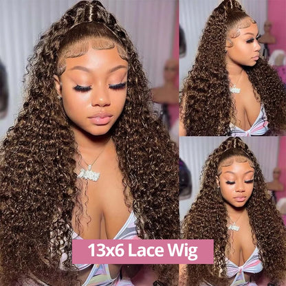 Chocolate Brown Deep Wave 13x6 Lace Front Wig Human Hair 250 Density Curly 4 Colored Transparent 13x4 Lace Frontal Wig For Women