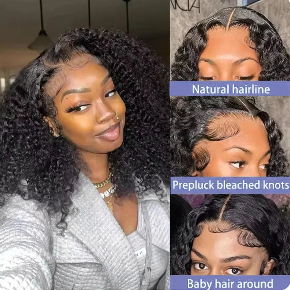 Curly Short 100% Human Hair Wig 200% Density Deep Wave Bob Wigs 13×4 Lace Front Black Brazilian Remy Wig for Women 12 14 Inch
