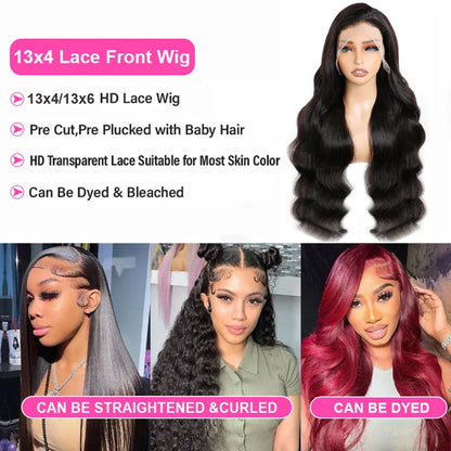 Body Wave 13x4 Lace Front Wigs Brazilian Human Remy Hair 13x6 HD Transparant Swiss Lace Frontal Wig 180% Density Pre Plucked