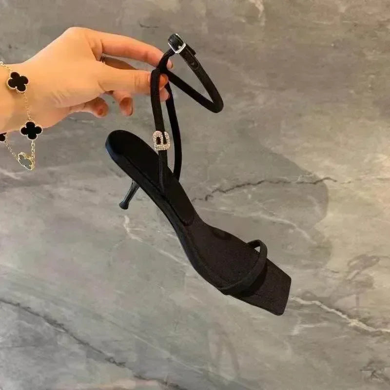 2024 Style Square Toe Women Sandals Crystal Letters Decorative Women High Heels Sexy Shoes Women's Banquet Wedding Shoes Women