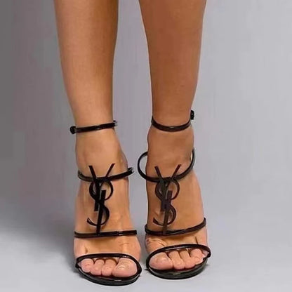 2025 big brand ladies summer new buckle sandals metal letters fashion banquet travel outdoor high heels waist luxury sandals