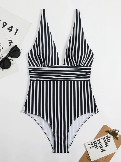 2024 Striped One Piece Swimsuit Sexy Swimwear Women V-neck Bathing Swimming Suit Female Summer Beachwear Bodysuit