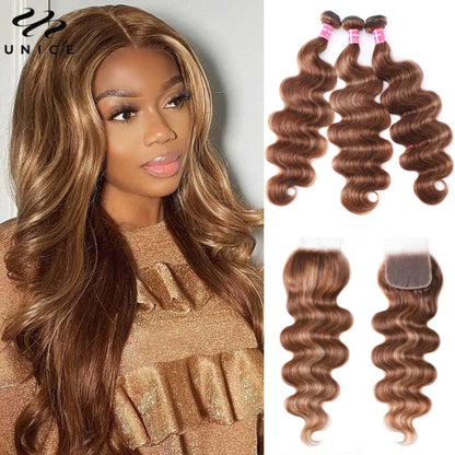 UNice Hair Reddish Brown Body Wave Bundles With 4x4 Closure 100% Human Hair 2/3/4 PCS Bundles And Closure Can Make 250% Lace Wig