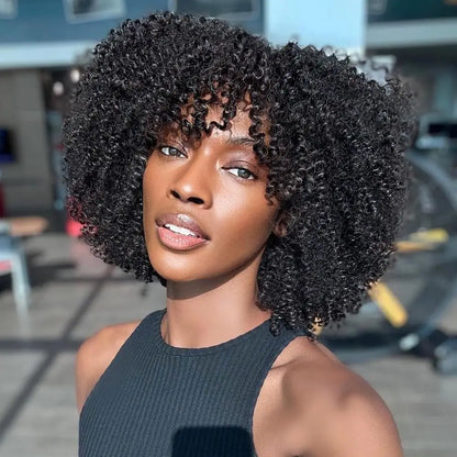 4A Afro Kinky Curly Wig With Bangs Human Hair 12/14 inch Short Curly Hair Wigs 180% Density Full Machine Made Natural For Women